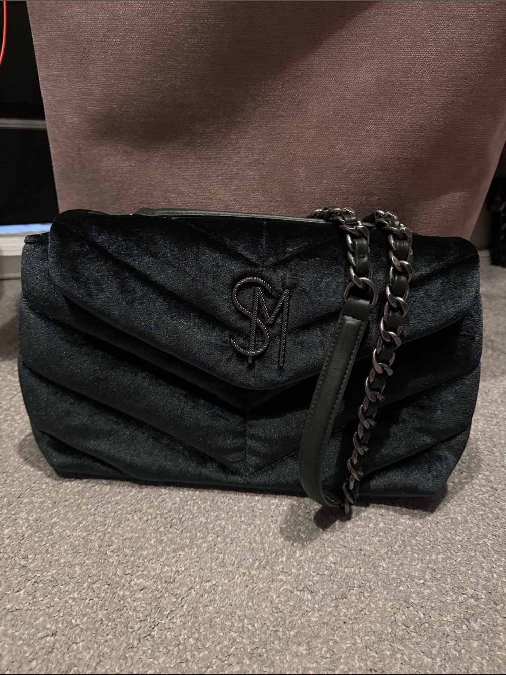Steve Madden Quilted Velvet Chain Shoulder Bag in Dark emerald Green